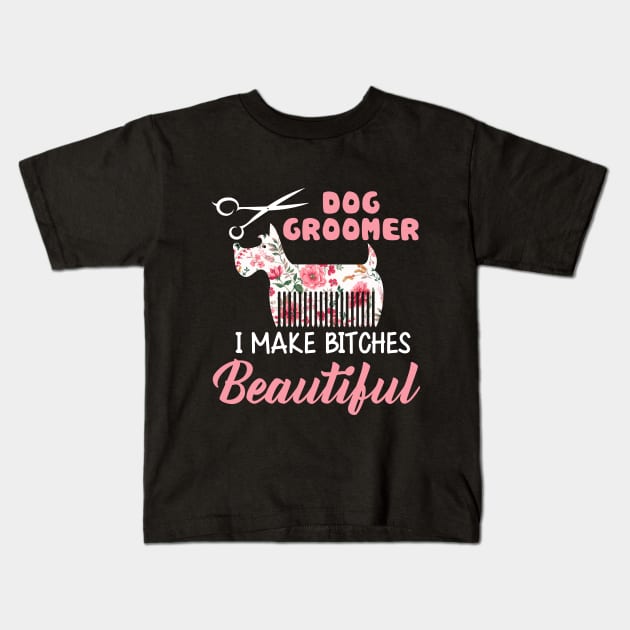 Floral Dog Groomer Gift Dog Pet Grooming T-shirt Kids T-Shirt by Elsie